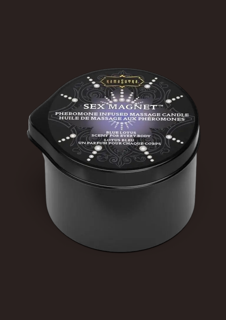 Erovia Kama Sutra Sex Magnet pheromone massage candle in a black tin with Blue Lotus label