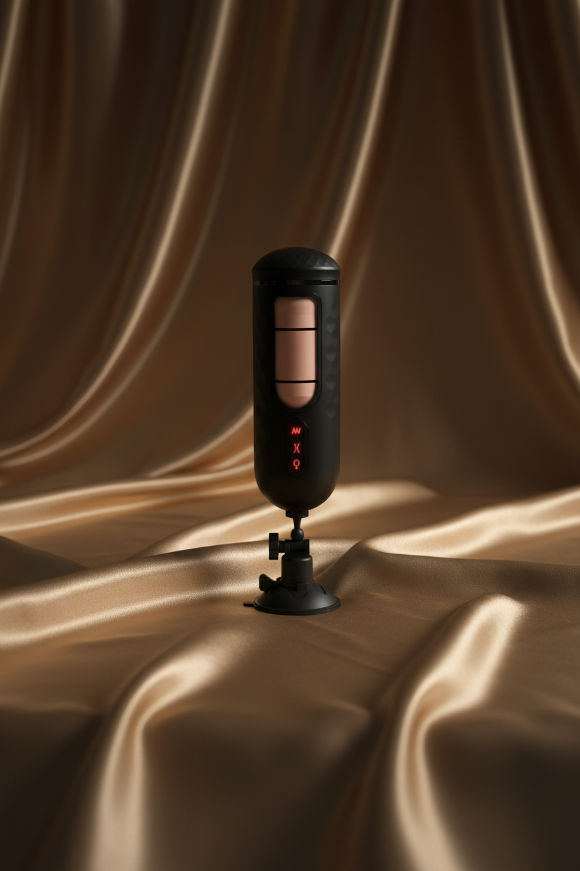 Erovia PDX Elite vibrating hands-free pleasure device with a black casing, flesh-toned sleeve, and suction cup base.