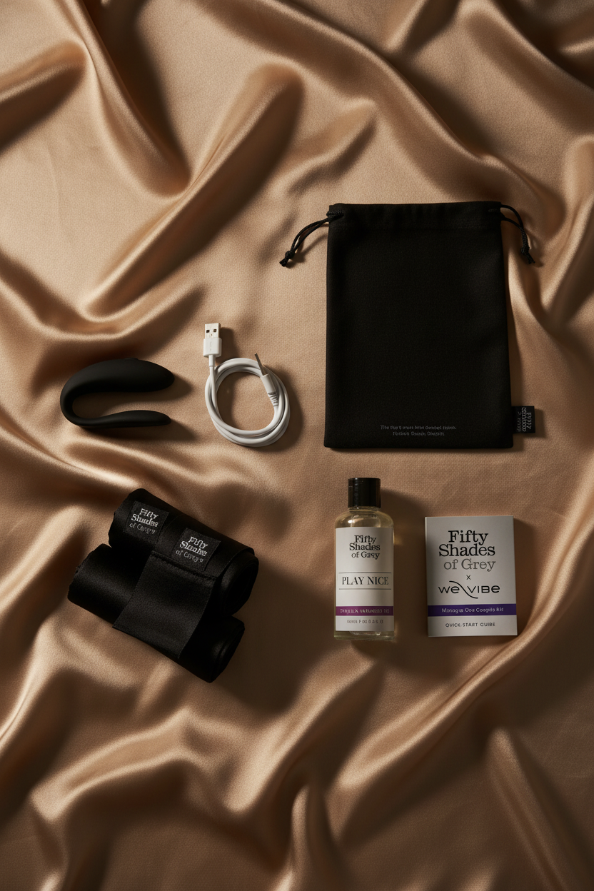Erovia The Union couples intimacy kit featuring a black vibrator, satin restraints, massage oil, and storage pouch.
