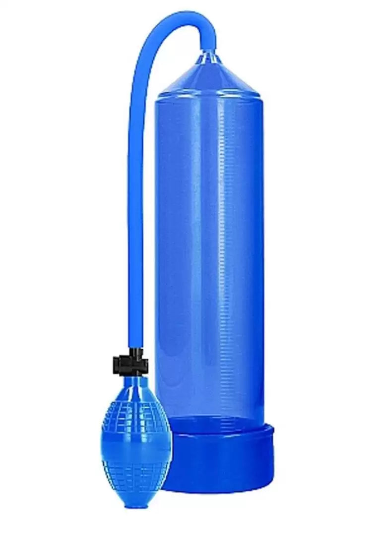 Pumped Classic Penis Pump by Shots in Blue — full product view with blue bulb and hose