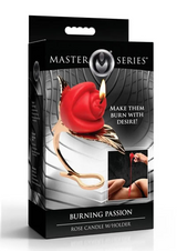 Erovia Master Series Burning Passion red rose candle in a gold leaf holder for sensory wax play in its retail box.