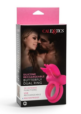Erovia CalExotics hot pink silicone butterfly dual ring in its product packaging box with a romantic couple image.