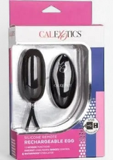 Erovia CalExotics matte black silicone rechargeable intimate egg with wireless remote control in retail packaging.