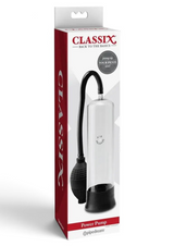 Erovia Classix Power Enhancement Pump in retail packaging featuring a clear acrylic cylinder and black squeeze bulb.