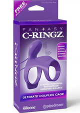 Erovia Fantasy C-Ringz purple silicone dual-bullet vibrating couples ring in retail packaging with rabbit-ear stimulator
