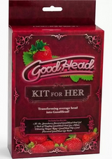 Erovia GoodHead Intimate Pleasure Kit for Her in strawberry scent, featuring oral gel, mints, ring, and lip balm.
