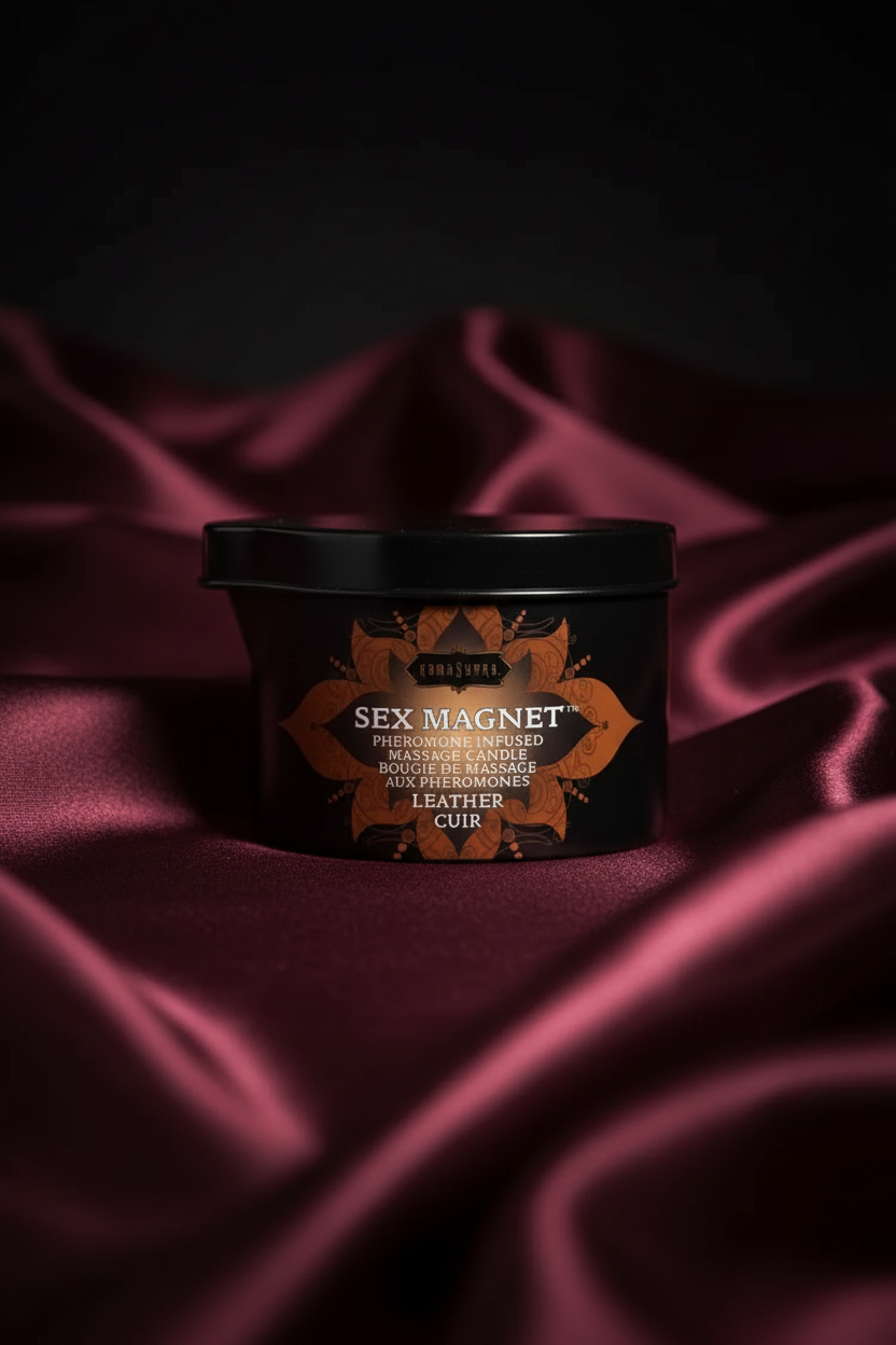 Erovia Kama Sutra Sex Magnet pheromone-infused massage candle in a large matte black tin with copper-bronze detailing.