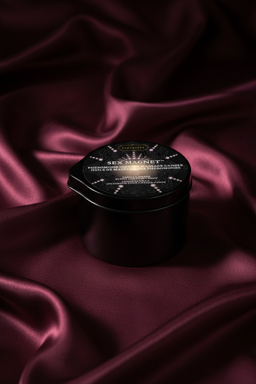 Erovia Kama Sutra Sex Magnet pheromone-infused massage candle in a black tin with Vanilla Amber scent.