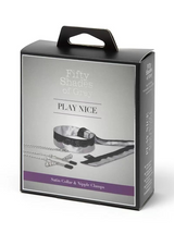Erovia Fifty Shades of Grey Play Nice satin collar with black lace and silver-tone nipple clamps in retail packaging
