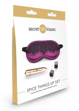 Erovia Secret Kisses gift set featuring a rose gold bullet vibrator, plum lace blindfold, and black love dice.