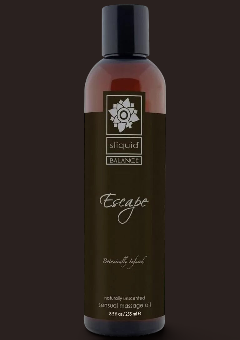 Erovia Sliquid Balance Escape unscented botanical massage oil in a dark amber apothecary bottle.