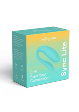 Erovia We-Vibe Sync Lite wearable couples dual stimulator in aqua, shown in its teal and yellow product packaging.